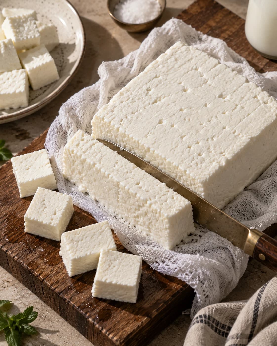 Fresh set paneer blocks cutting and preparation at Deewan G Dairy