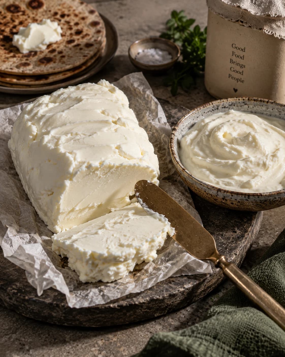 Pale churned butter block and rich cream at Deewan G Dairy