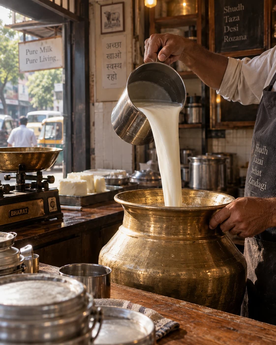 Pure milk pour and counter service at Deewan G Dairy shopfront