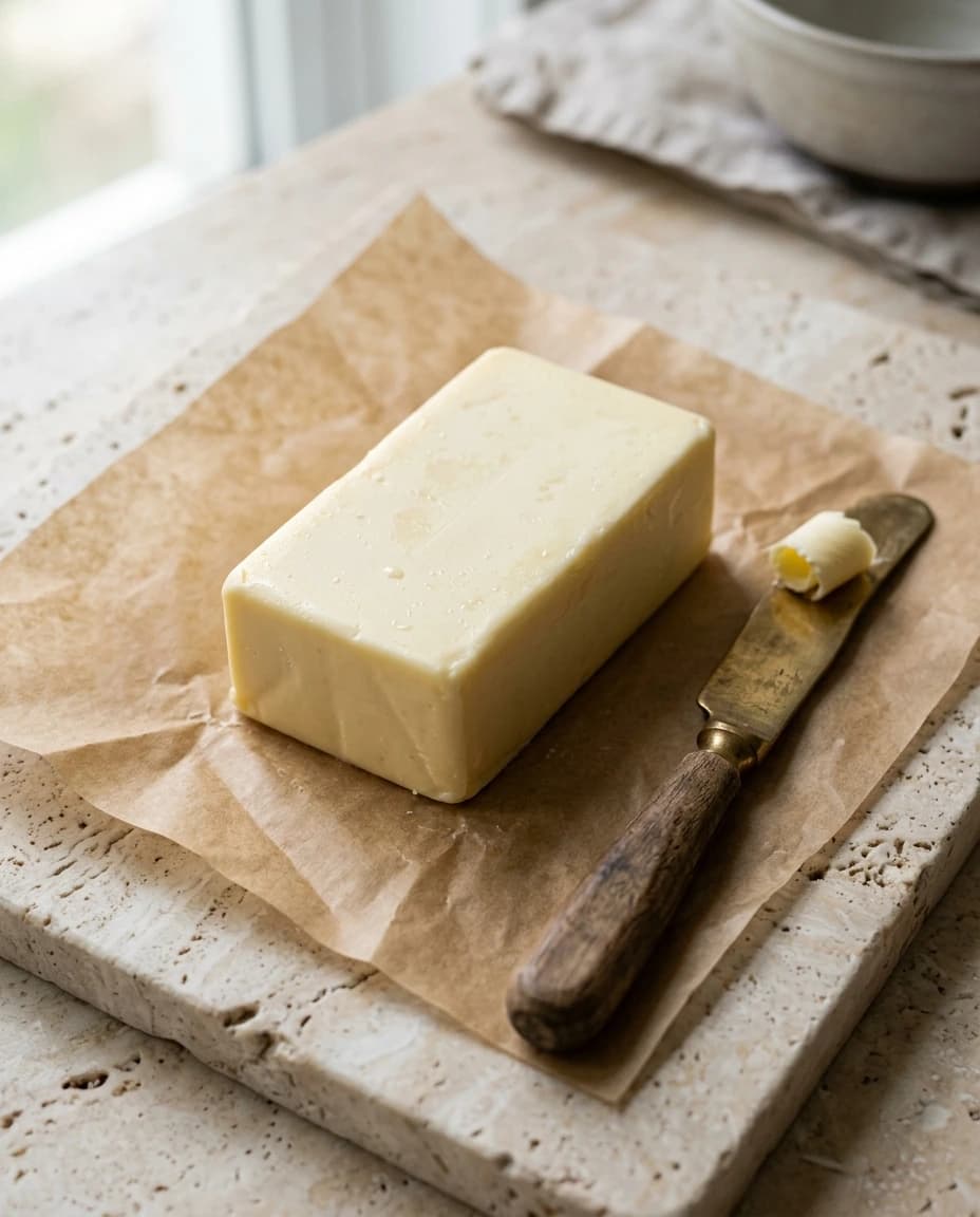 Premium butter block with a simple knife on a warm wooden surface