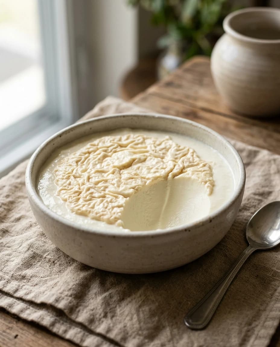 Thick creamy curd in a minimal ceramic bowl with a wooden spoon